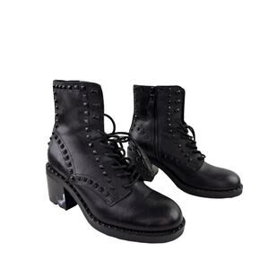 ASH Xin Booties 37 Black Leather Studded Side Zip Lace Up Block Ankle Boot FLAW